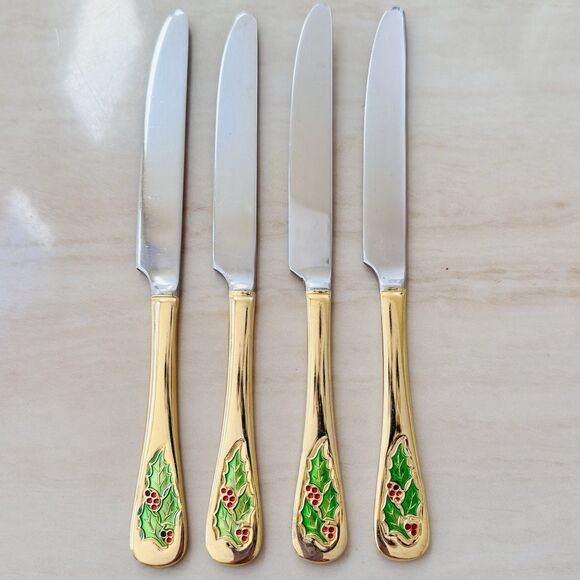4pc CAMBRIDGE Dinner Knife 9” Gold Electroplate Holly Berry Christmas Japan - Picture 6 of 9